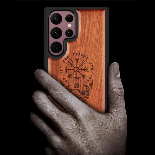 Miniatura 2 de Carveit Funda para Galaxy S22 Ultra de madera compatible con S22 Ultra Viking Compass Vegvisir-Rosy Madera real dura, TPU suave, funda protectora