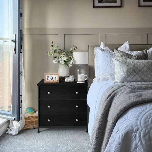 Miniatura 3 de BOLUO Mesita de noche negra con cajones de tela, mesita de noche grande de 3 cajones para dormitorio, armario, niños, niñas moderna