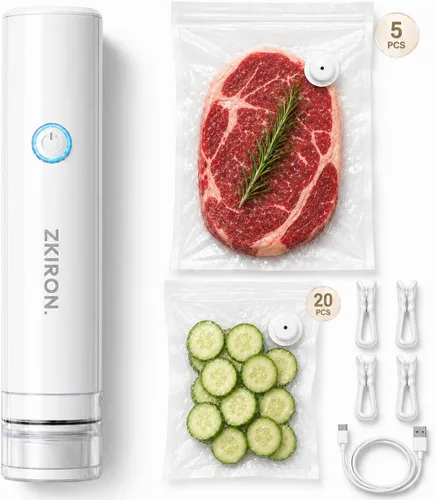Miniatura 9 de ZKIRON Sellador al vacío compacto para alimentos: potente máquina selladora al vacío de mano con 12 bolsas de vacío reutilizables, 5 veces