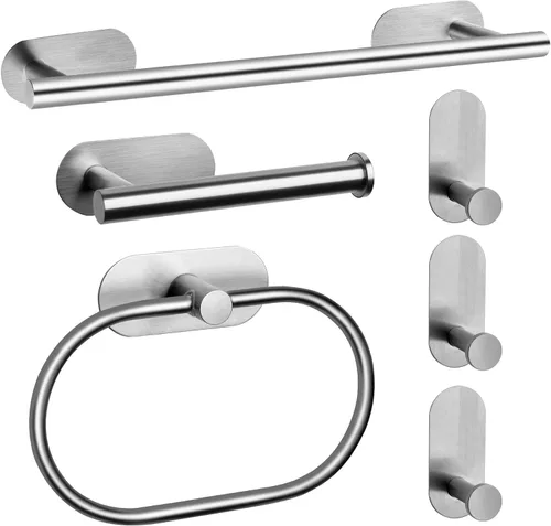 JiGiU Toallero autoadhesivo, el juego de accesorios de baño incluye barra de toalla de baño de 16 pulgadas, soporte de papel higiénico y anillo de