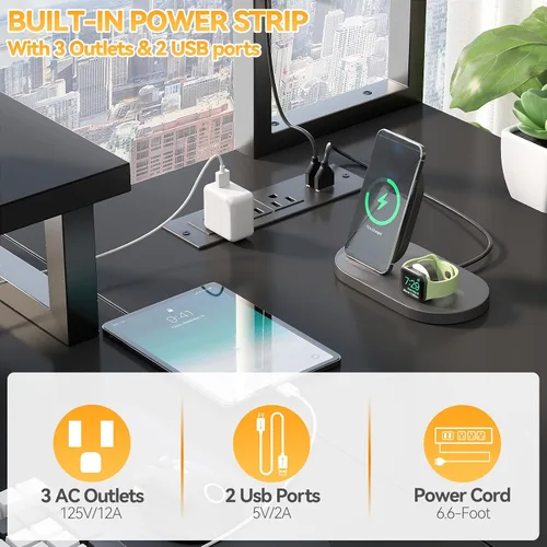 Miniatura 4 de Aheaplus Escritorio pequeño en forma de L para gaming con luces LED y tomas de corriente, escritorio reversible en forma de L para computadora