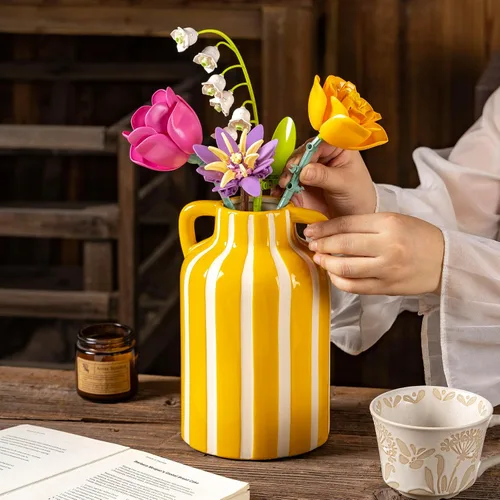 Miniatura 4 de Jarrón de cerámica amarillo y blanco con asas, jarrón floral a rayas para decoración del hogar, flores para cocina, estantería, manto, decoración