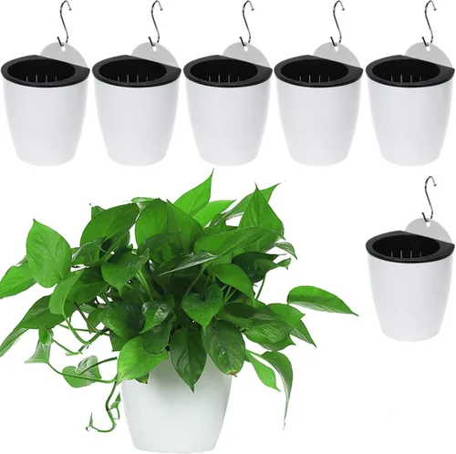 Paquete de 6 macetas de plástico de 5 pulgadas para colgar en la pared, macetas que absorben la humedad para interiores y exteriores, violeta