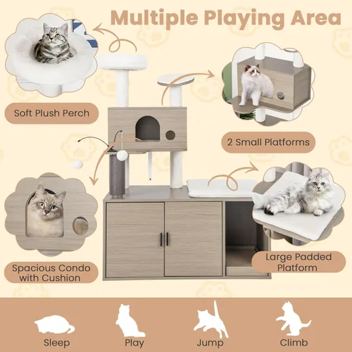 Miniatura 8 de Tangkula Árbol para gatos con caja de arena, torre para gatos con caja de arena, condominio para gatos, tabla de rascar, perca de felpa suave, bolas