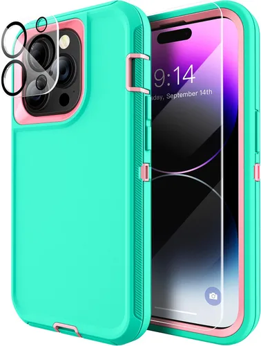 Miniatura 14 de MXX Funda resistente hecha para iPhone 14 con pantalla de vidrio templado, protector de lente de cámara de 3 capas, protección de cuerpo completo, a