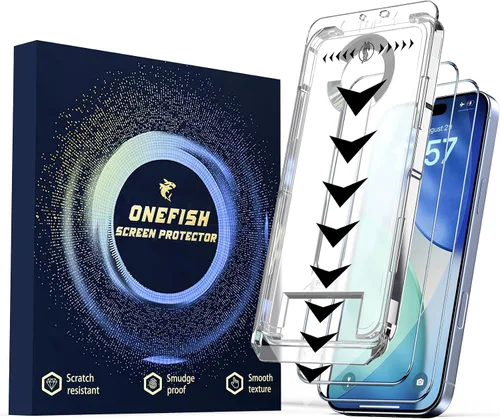 Miniatura 10 de OneFish Protector de pantalla para iPhone 14Plus/13Pro Max, película de vidrio templado HD Clarity dureza 9H+, con marco de instalación sin