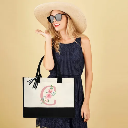 Miniatura 5 de DEEZOMO Initial Canvas Tote Bag for Women, Beach Bag with Inner Zipper Pocket Personalized Gifts for Wedding, Birthday