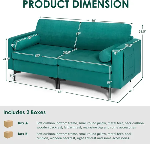 Miniatura 2 de KOMFOTT Sofá de dos plazas, tapizado para sala de estar, asientos de dos plazas modernos con 2 almohadas de refuerzo, bolsillo para revista, sofá