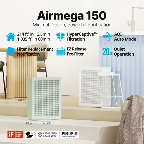 Miniatura 2 de Purificadores de aire Coway para el hogar y dormitorio hasta 1,035 pies cuadrados con filtro lavable, filtro HEPA verdadero para humo, polen, caspa