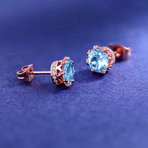 Miniatura 39 de MDFUN Aretes chapados en oro rosa para mujer, 0.236 in, corona brillante redonda, piedra natal, regalo de cumpleaños