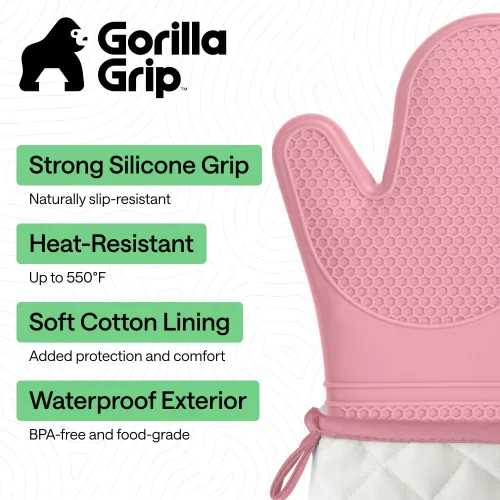 Miniatura 2 de GORILLA GRIP Guantes de horno de silicona suave sin BPA, guantes de cocina resistentes al calor e impermeables, forro de algodón grueso, agarre Rosa