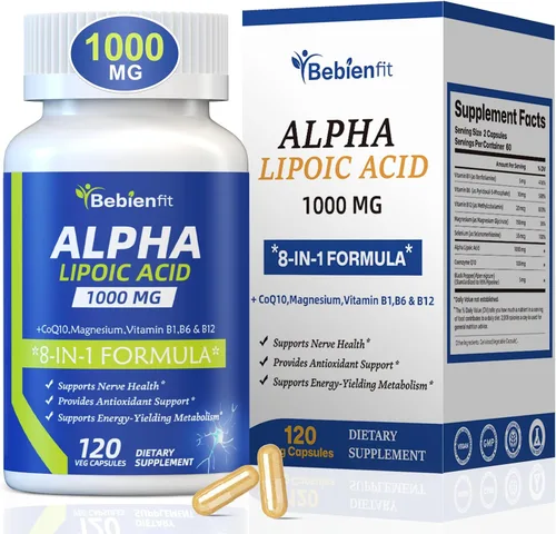 Cápsulas de suplementos de neuropatía de ácido alfa lipoico de 1000 mg, ALA 8 en 1 para la salud nerviosa en manos y pies, sistema nervioso y