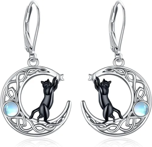 Miniatura 10 de Aretes colgantes de plata de ley con diseño de árbol de la vida, flor, abeja, animales, gato, colibrí, piedra lunar, turquesa, aretes con cierre