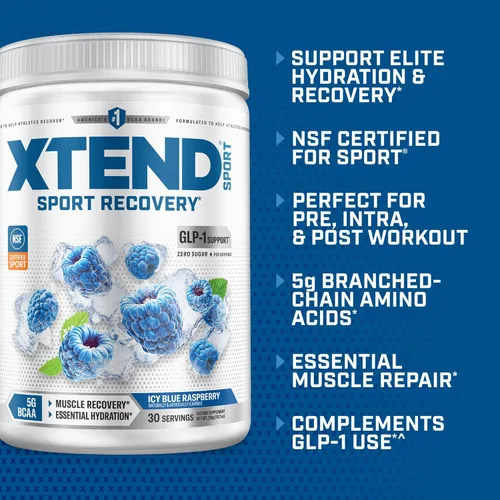 Miniatura 3 de XTEND Sport BCAA Powder Blue Raspberry Ice - Polvo de electrolitos para recuperación e hidratación con aminoácidos - 30 porciones