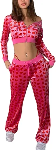 Miniatura 2 de Yiiciovy Conjunto deportivo de terciopelo rosa de 2 piezas para mujer, estampado de corazón, cremallera, sudadera con capucha Y2K, sudadera