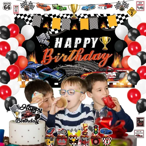 Miniatura 6 de Suministros para fiesta de cumpleaños de autos de carreras, 142 piezas de decoraciones de fiesta de carreras de autos de carreras para niños
