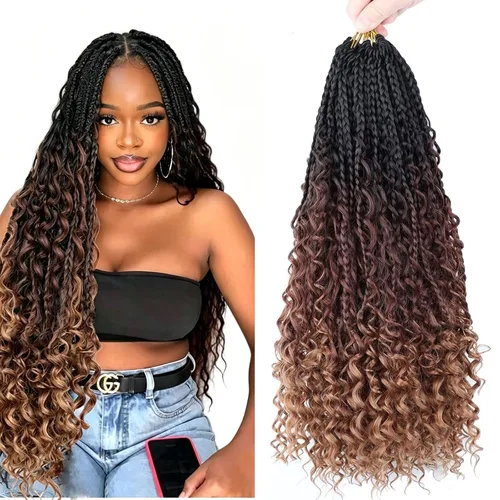 Miniatura 15 de LMZIM 18 Pulgadas Trenzas de Caja Bohemias 8 Paquetes Trenzas de Caja de Diosa Bohemia Cabello de Ganchillo con Puntas Rizadas Cabello de Ganchillo