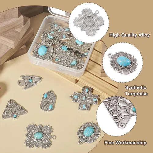 Miniatura 6 de 16 dijes de piedra turquesa de 8 estilos, estilo tibetano, vintage, bohemios, curativos, piedras preciosas colgantes grandes, joyería occidental