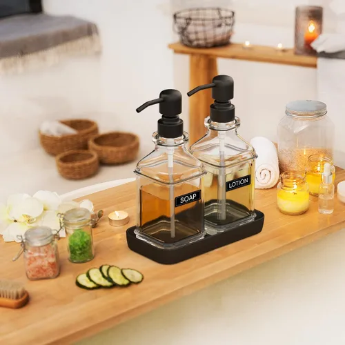 Miniatura 5 de LMQML - Dispensador de jabón - paquete de 2 dispensadores de jabón de manos de vidrio grueso, diseño antiguo, con bandeja resistente; bomba negra