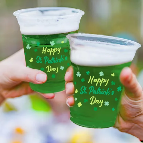 Miniatura 4 de Paquete de celebración del Día de San Patricio, 60 vasos de plástico con temática irlandesa de 12 onzas con diseño de trébol de la suerte