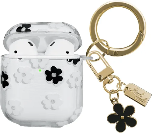 Funda compatible con AirPods, funda de TPU suave con bonito patrón de flores para AirPods de 2 y 1 generación con llavero colgante y mosquetón para