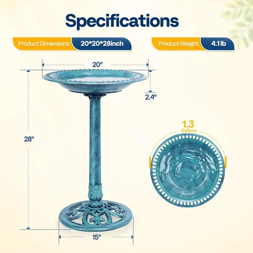 Miniatura 7 de VIVOHOME baño para pájaros, de polirresina, de 28 pulgadas de alto, antiguo, para exteriores, para el jardín, con base con flores, azul
