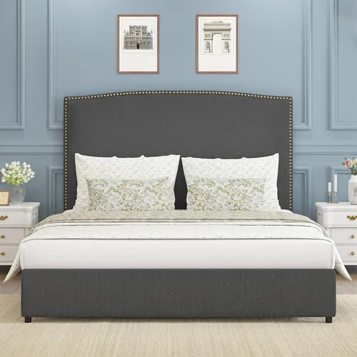 Miniatura 8 de Base de cama tamaño matrimonial con cabecero, plataforma tapizada de 56 pulgadas con ribete de cabeza de clavos, tela suave de bucle, no necesita