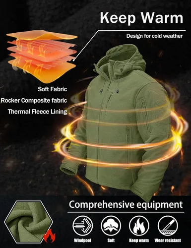 Miniatura 3 de CRYSULLY Chaqueta con capucha de forro polar táctica militar para hombre, chaqueta de caza, chaqueta de invierno, chaqueta cortavientos, chaqueta