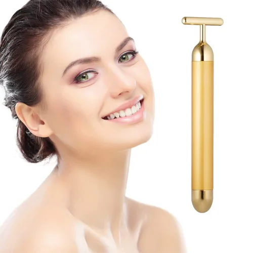 Barra de masaje facial con dorado de 24 quilates, masajeador eléctrico a pulso en forma de T, para piel sensible, acción reafirmante