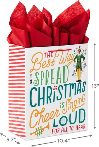 Miniatura 3 de Hallmark Bolsa de regalo de elfo grande de 13 pulgadas con papel de seda (cita de película: la mejor manera de difundir la alegría navideña)