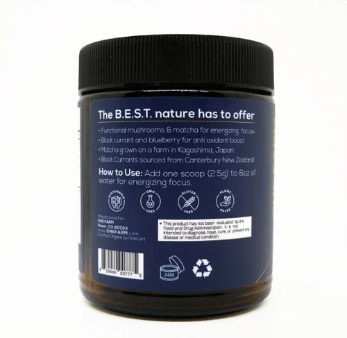 Miniatura 2 de Mezcla de polvo energizante One Farm con grosella negra orgánica USDA, matcha, melena de león, cordyceps, rodiola y más en un frasco de vidrio