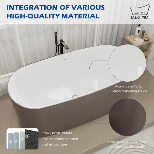 Miniatura 7 de Bañera independiente de resina de superficie sólida de 59 pulgadas, forma ovalada, moderna bañera de resina de piedra profunda con desbordamiento