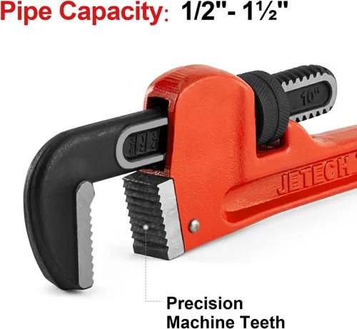 Miniatura 4 de Jetech Llave de tubo recta resistente de 10 pulgadas, plomero de aluminio ajustable con mandíbula de gancho flotante y mango de viga, color rojo