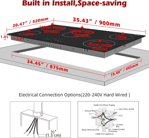 Miniatura 4 de Placa de cocción eléctrica de 36 pulgadas, 5 quemadores, 220~240V, placa de cocción eléctrica empotrada, placa de cocción de cerámica radiante