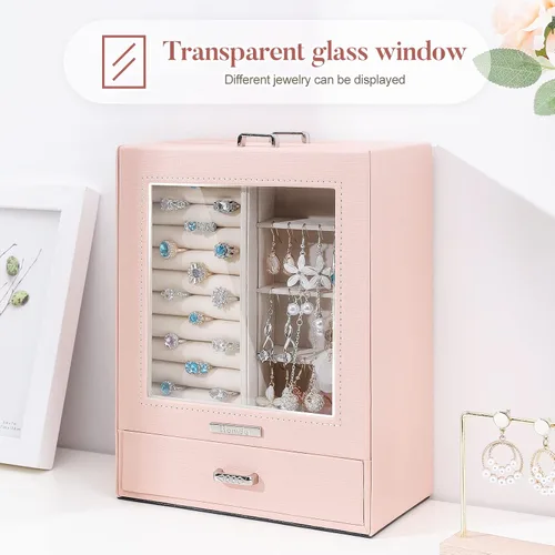Miniatura 2 de Homde Organizador de joyas para niñas y mujeres, joyero para collares, anillos, aretes, estuche de almacenamiento de joyas (rosa melocotón)