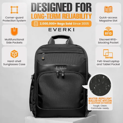 Miniatura 5 de EVERKI Onyx Mochila para portátil de negocios – Bolso de cuero balístico y nylon duradero, diseño apto para viajes, espacio dedicado para portátiles
