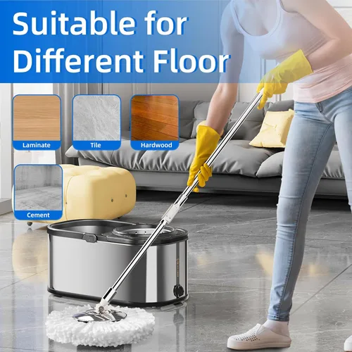 Miniatura 6 de Trapeador giratorio y cubo con escurridor para el hogar, trapeador de 360° y cubo con agua limpia y sucia separada, mopa de polvo húmedo para Plata