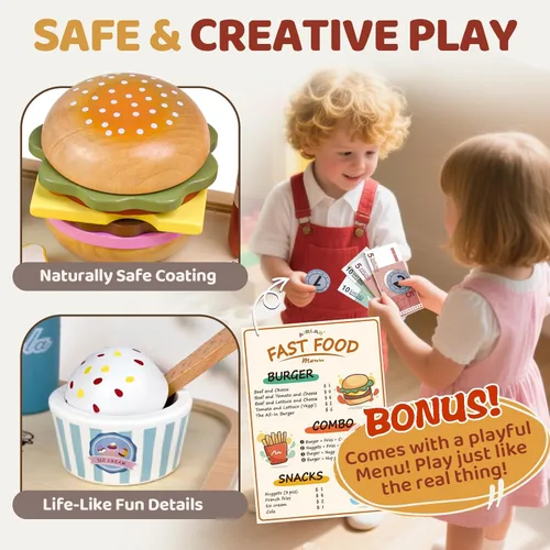 Miniatura 9 de Airlab Alimento de juguete de madera para niños pequeños 3-5 juegos de desayuno y juegos de comida de madera para hamburguesas