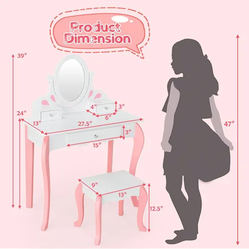 Miniatura 7 de Costzon Juego de tocador para niños con espejo, tocador de maquillaje de princesa 2 en 1 con parte superior desmontable, tocador para niños pequeños