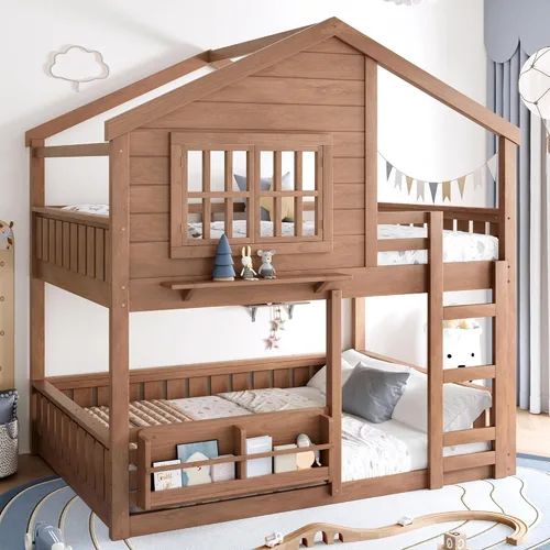 Miniatura 23 de Litera de casa individual sobre cama individual con tobogán convertible y nido, litera de madera maciza con techo y ventana para niños, verde-blanco