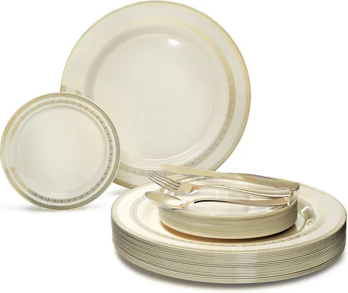 Miniatura 13 de Occasions" - Juego de 125 piezas (25 invitados) - Platos y cubiertos de plástico para boda, vajilla pesada desechable de 10.5 pulgadas, 6.25