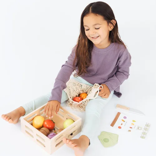 Miniatura 7 de Pearhead Juego de comida de madera para jugar, juguete de cocina de 21 piezas, para cortar frutas y verduras, certificado FSC, mercado
