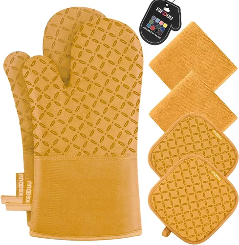Miniatura 9 de KEGOUU Juego de 6 manoplas para horno y soportes para ollas, guantes para horno de cocina, resistentes al calor, 500 grados, extra largos