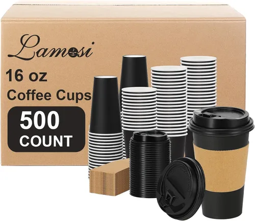 Miniatura 11 de Lamosi Paquete de 100 tazas de café desechables de 16 onzas con tapas y mangas, a prueba de fugas, tazas de café de papel con tapas, bebidas
