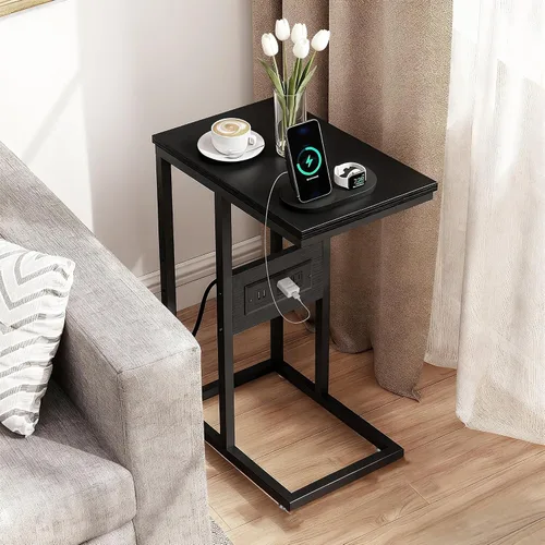 Miniatura 6 de VECELO Mesa auxiliar en forma de C con estación de carga y tomas de corriente para sofá, cama, bandeja de TV con marco de metal para sala de estar