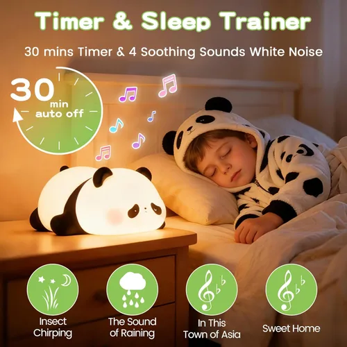 Miniatura 2 de FAMIDUO Luz nocturna de panda con ruido blanco, máquina de sonido para bebé pequeño, entrenador de sueño blando de silicona, luz nocturna recargable