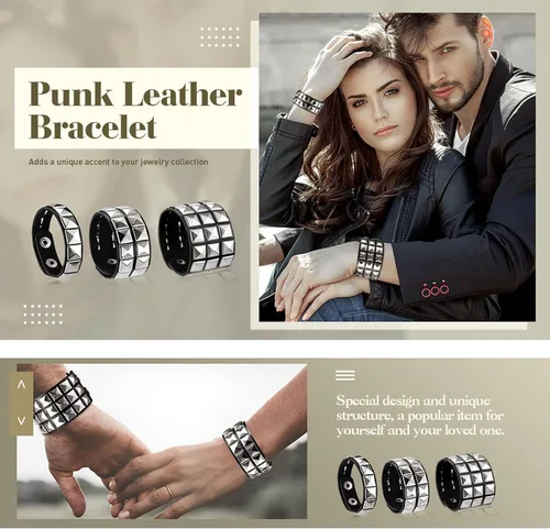 Miniatura 5 de eYLun Pulsera de cuero para hombres y mujeres, pulseras punk, pulsera ajustable de roca, 2 piezas