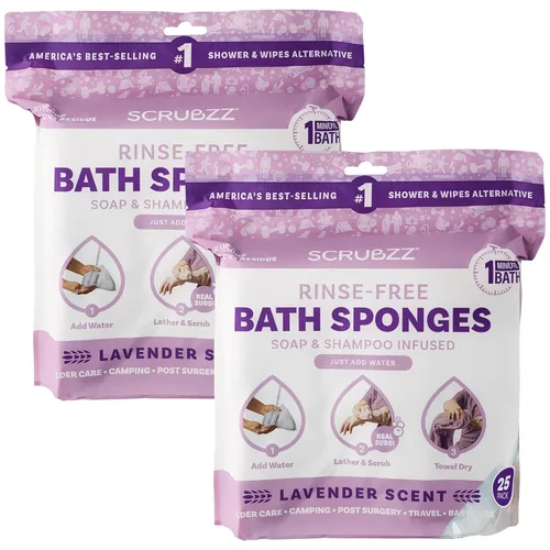 Scrubzz - Toallitas de baño desechables, sin enjuague, todo en 1, un solo uso, humedécelas, haz espuma y seca sin champú ni enjuagar (lavanda, 2
