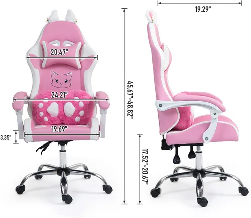 Miniatura 6 de Silla de juegos rosa con cojín lumbar de pata de gato y orejas de gato, sillas reclinables para computadora de juegos de PC, silla ergonómica
