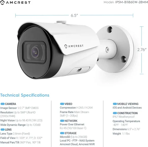 Miniatura 3 de Amcrest Paquete de 2 cámaras POE UltraHD de 5 MP para exteriores de 2592 x 1944p, cámara de seguridad IP bala, IP67 para exteriores, resistente al
